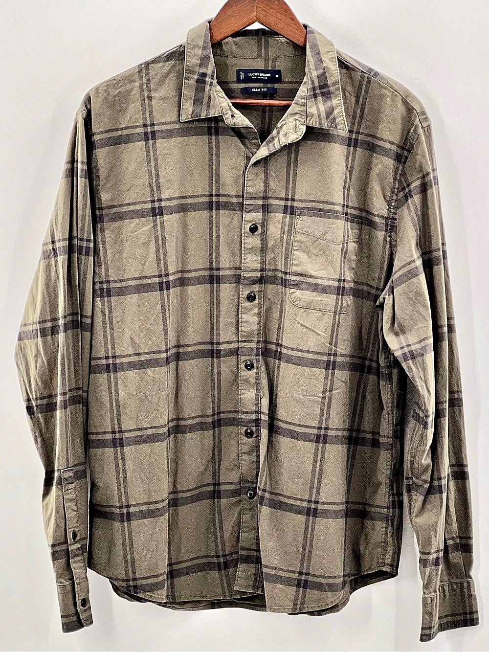 590 Lucky Brand Slim Fit Plaid Long Sleeve Shirt Gray & Green XL